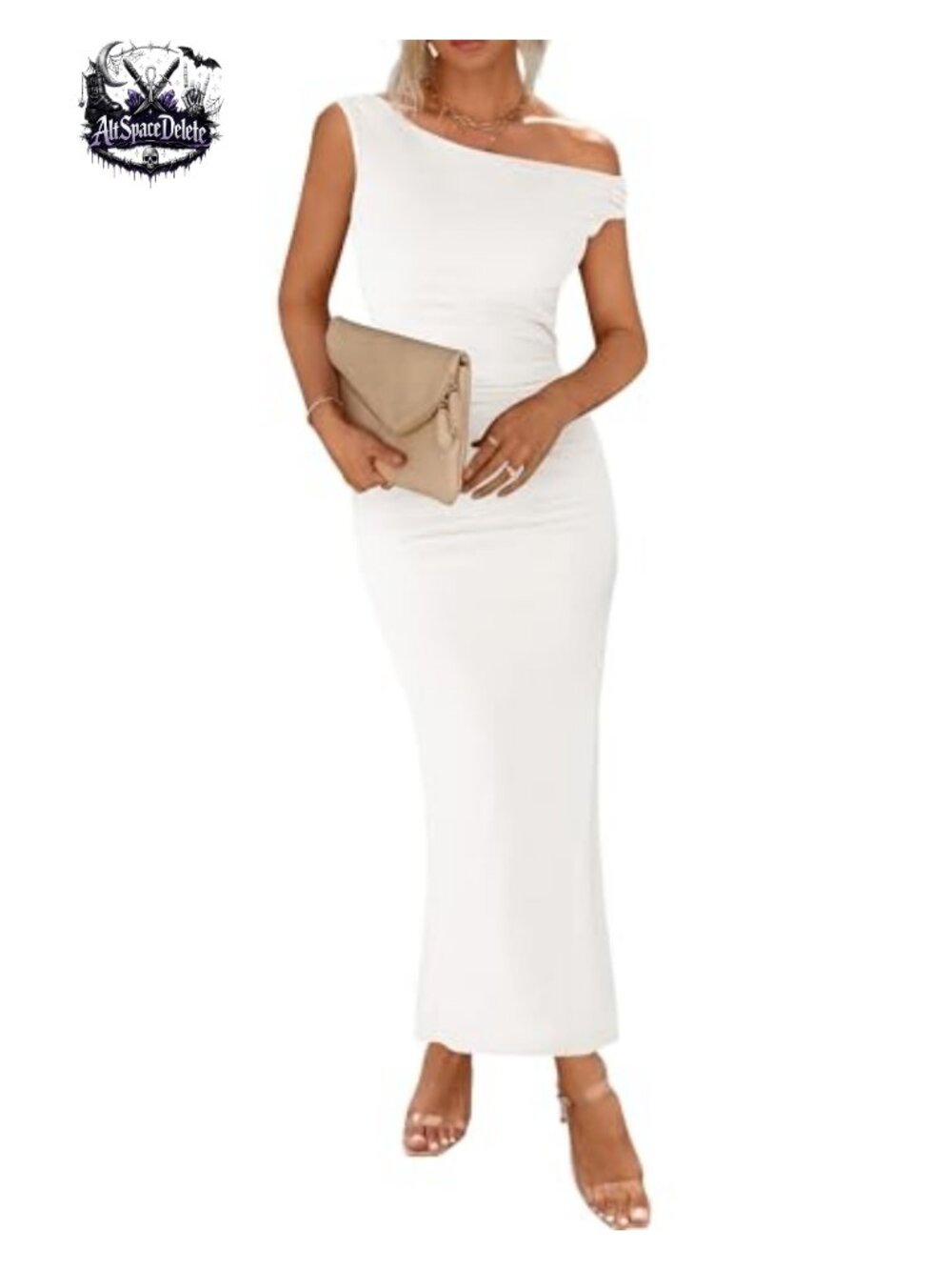 One Shoulder Mesh Maxi Dress Ruched Bodycon Back Slit Wedding Guest